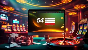 Engaging scene of 54BET Login experience with casino elements like poker chips and a roulette wheel.