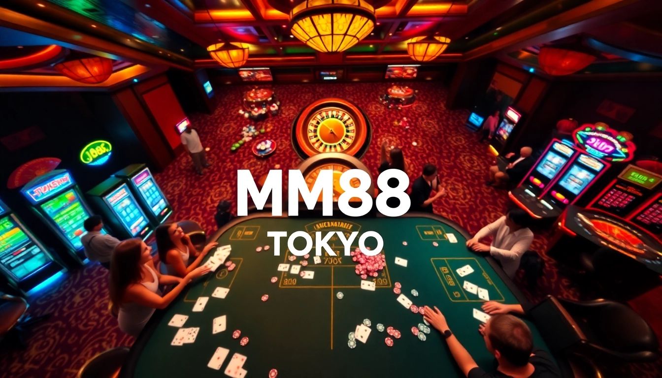 Experience the excitement of MM88 Tokyo at a luxurious casino table with vibrant gaming elements.