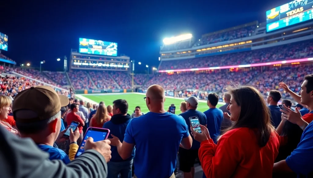 Exciting sports betting in Texas atmosphere with passionate fans and mobile apps in use.