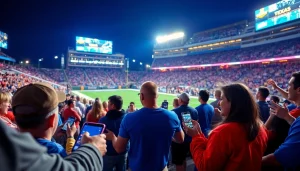 Exciting sports betting in Texas atmosphere with passionate fans and mobile apps in use.