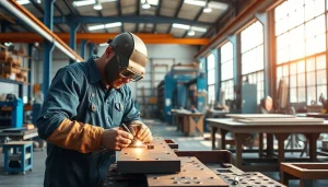 Craftsman engaged in custom metal fabrication in a vibrant workshop with tools and machinery.