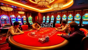 32WIN players engaging in a strategic poker game at a luxury casino table.
