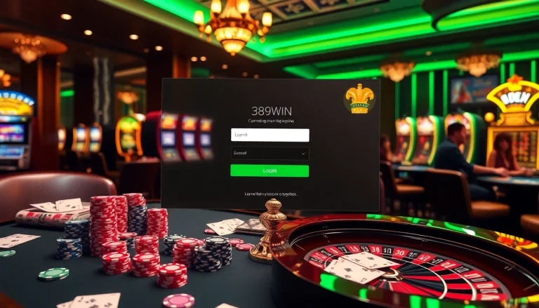 Experience the excitement of 389WIN Login with vibrant casino games, cards, and happy gamblers.