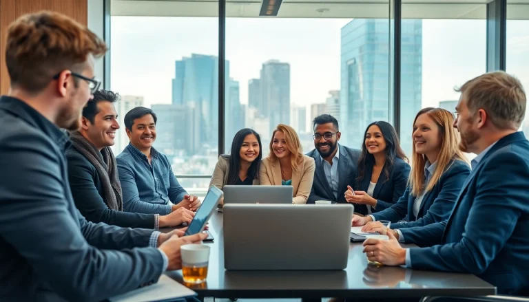 Engaged business professionals collaborating in a modern office.