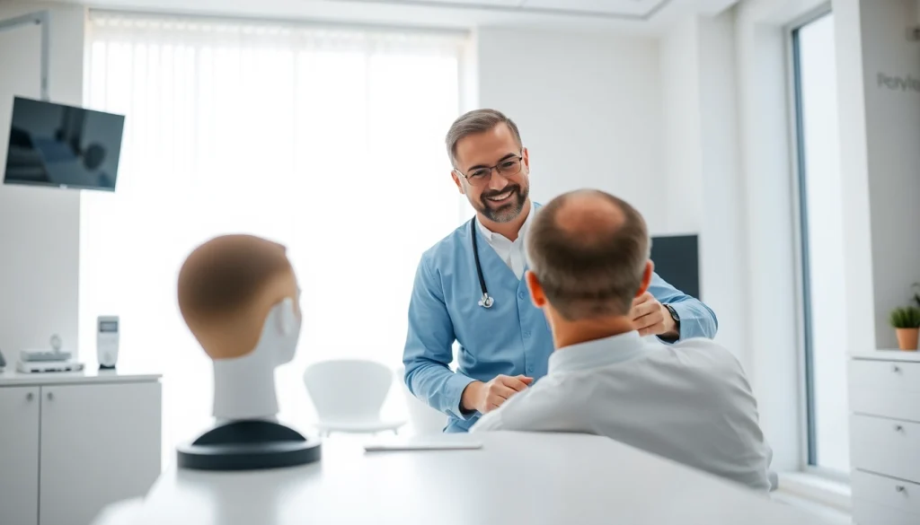 Consultation for hair transplant london featuring a patient and surgeon in a bright clinic setting.