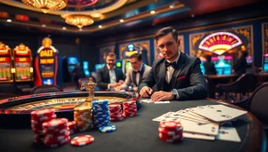 High-stakes gambling scene featuring Thabet branded poker chips and luxurious casino decor.