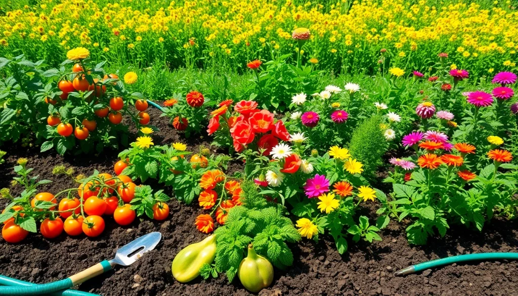 Gardening scene showcasing vibrant vegetable plants and colorful flowers thriving in rich soil.