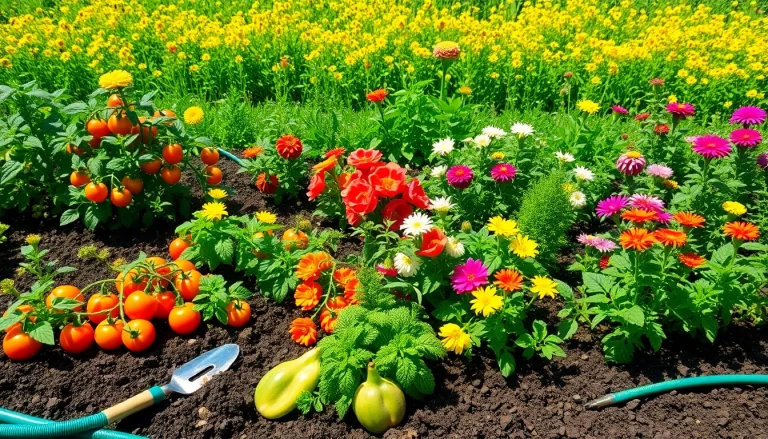Gardening scene showcasing vibrant vegetable plants and colorful flowers thriving in rich soil.