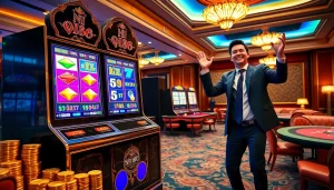 Nổ Hũ QH88 slot machine scene with vibrant colors and winning player celebration.