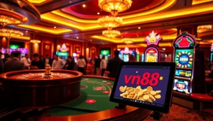 Excited players enjoying the vn88 casino experience with roulette, poker, and slot machines.