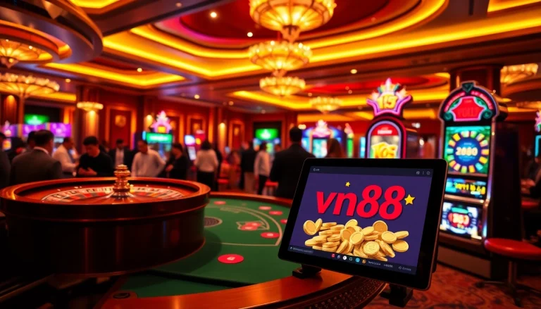 Excited players enjoying the vn88 casino experience with roulette, poker, and slot machines.