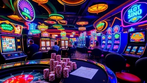 Exciting casino atmosphere showcasing slot bet 100 with vibrant machines and eager players.