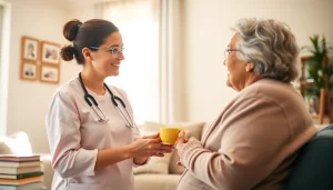 Professional caregiver supporting senior in warm home environment, highlighting senior care austin tx.