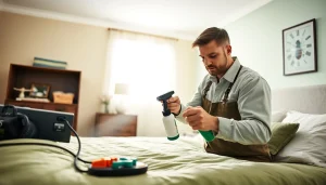 Expert technician from https://affordablebedbugexterminators.com applying bed bug treatment in a clean, inviting bedroom.