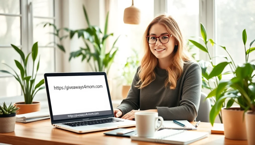 Engaging workspace of a lifestyle blogger displaying https://giveaways4mom.com on screen with coffee and plants.