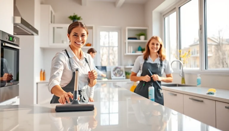 Cleaning service professionals efficiently cleaning a modern kitchen with eco-friendly products.
