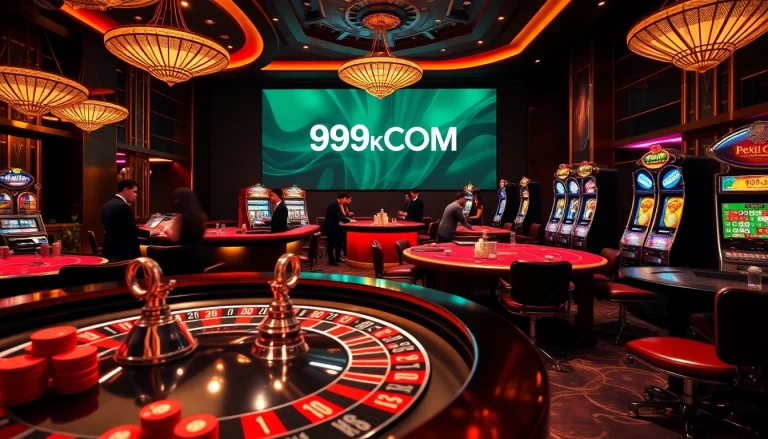 Experience excitement at 99OK.COM with a luxurious casino scene featuring roulette and card games.