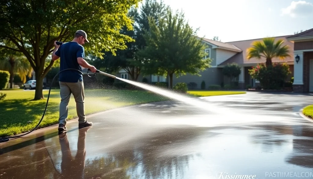 Pressure wash team expertly cleaning a residential driveway in Kissimmee, Florida, showcasing effective exterior cleaning.