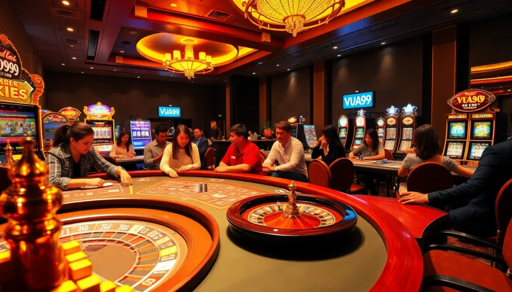 Exciting gambling scene at VUA99 casino with vibrant slot machines and engaging players.