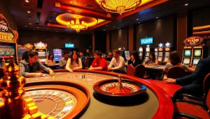 Exciting gambling scene at VUA99 casino with vibrant slot machines and engaging players.
