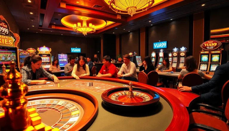 Exciting gambling scene at VUA99 casino with vibrant slot machines and engaging players.