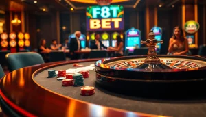 Experience the thrill of F8 BET at a luxurious casino with vibrant gaming tables and excited players.