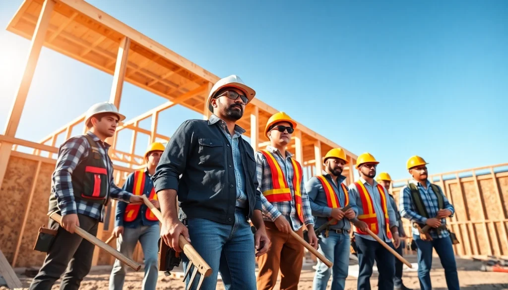 Engaged professionals working on careers in construction with teamwork and tools.