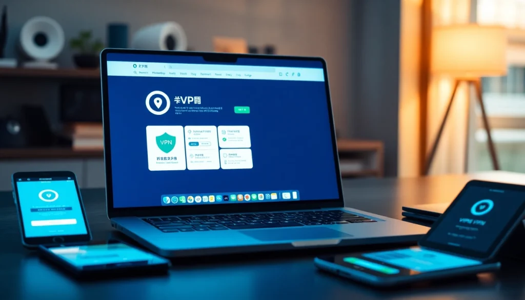 快连VPN interface on a laptop in a modern workspace, showcasing cross-platform usage and secure design.