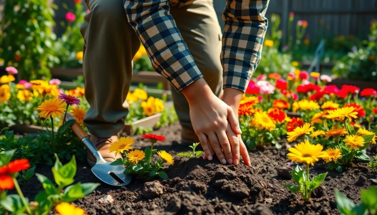 Gardening enthusiast nurturing a colorful flower garden with rich textures and natural light.