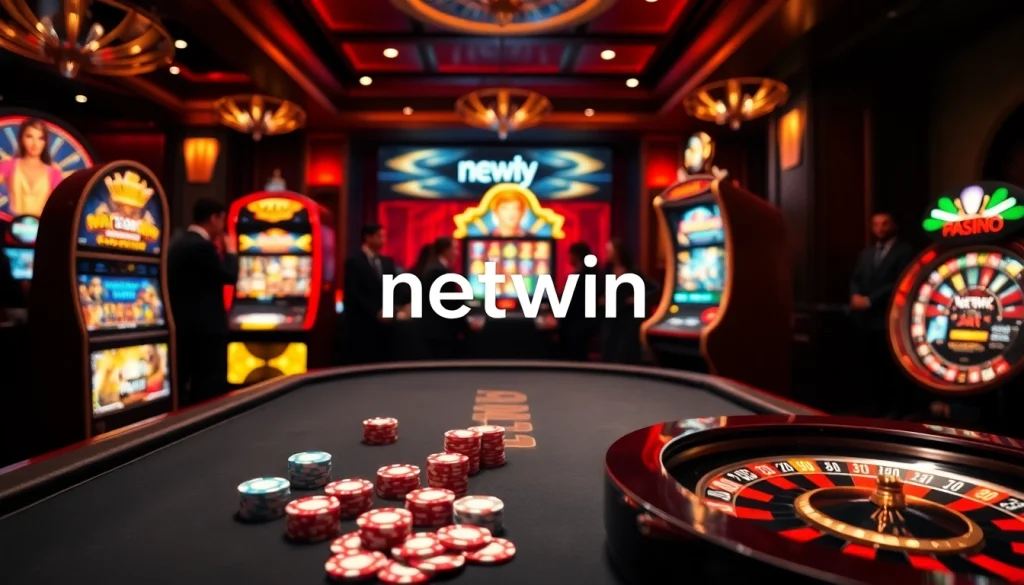 Experience the thrill of netwin at a luxurious casino table with vibrant poker chips and slot machines.