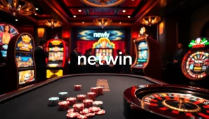 Experience the thrill of netwin at a luxurious casino table with vibrant poker chips and slot machines.