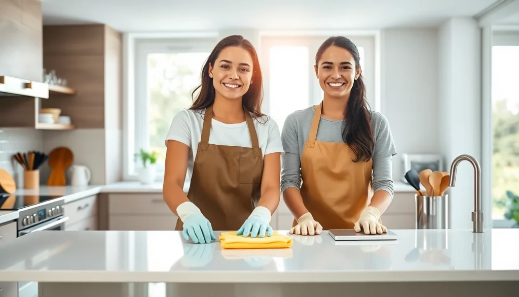 Members of a cleaning service efficiently tidying a modern kitchen with bright lighting.