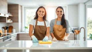 Members of a cleaning service efficiently tidying a modern kitchen with bright lighting.
