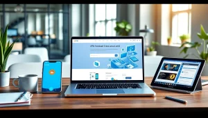 快连vpn下载 showcased on a sleek laptop in a modern workspace with tech gadgets.