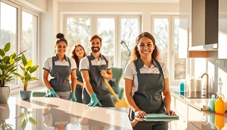 Efficient team providing a cleaning service in a bright, organized kitchen environment.