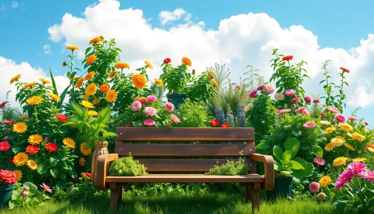 Gardening in a vibrant home garden with blooming flowers and vegetables.