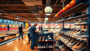 High-quality used bowling equipment on display at a modern bowling alley, showcasing vibrant interactions.