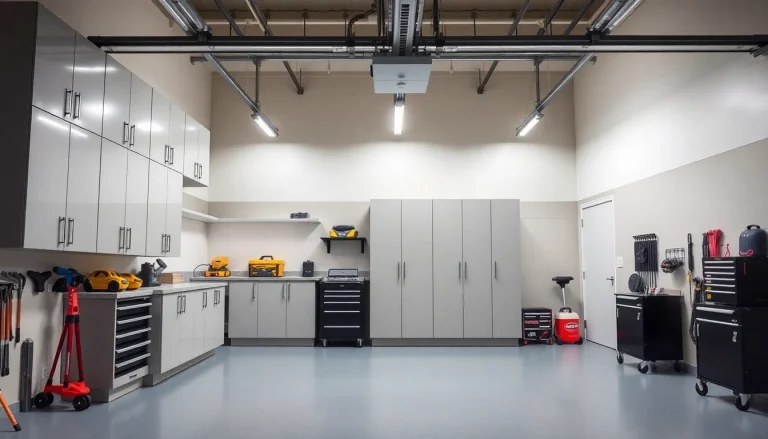 Garage cabinets enhance organization in a beautifully designed garage space.