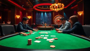 Visualizing an exciting poker game at VUA99 with luxurious decor and intense player focus.