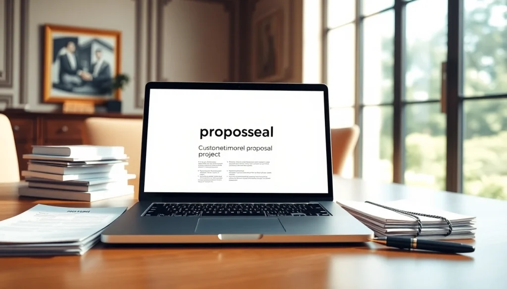 Elevate your Customized Proposal Writing with a professional workspace including an open laptop and documents.