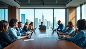 Engaged professionals collaborating in a modern business meeting setting.