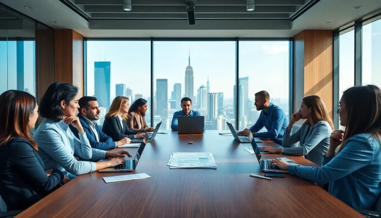 Engaged professionals collaborating in a modern business meeting setting.