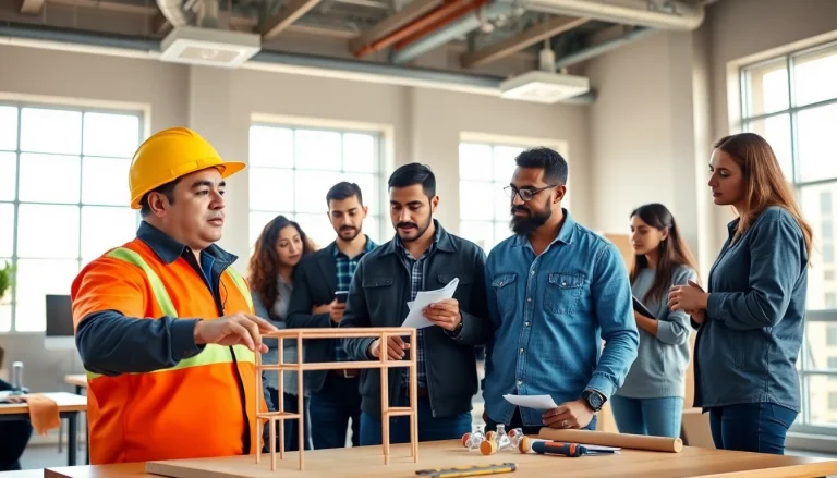 Engaged participants in a construction workforce development training session, showcasing teamwork.