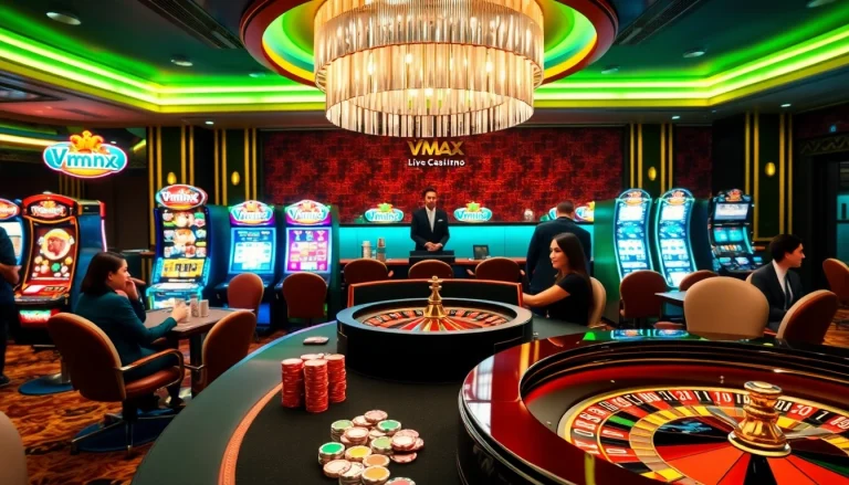 Engaging scene at Nhà cái vmax featuring players at a stylish poker table with chips and cards.