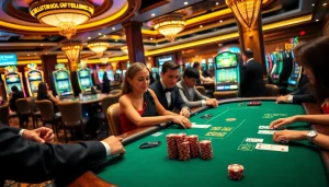 Players strategizing and placing bets at a poker table in a luxurious casino inspired by https://789club.music/.
