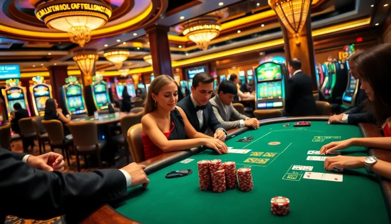 Players strategizing and placing bets at a poker table in a luxurious casino inspired by https://789club.music/.