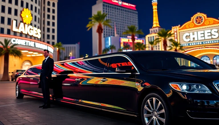 Experience premium limousine service with a sleek vehicle in vibrant Las Vegas setting.