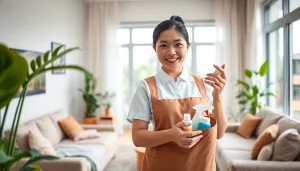 Indonesian maid organizing a modern living room, emphasizing care and neatness.
