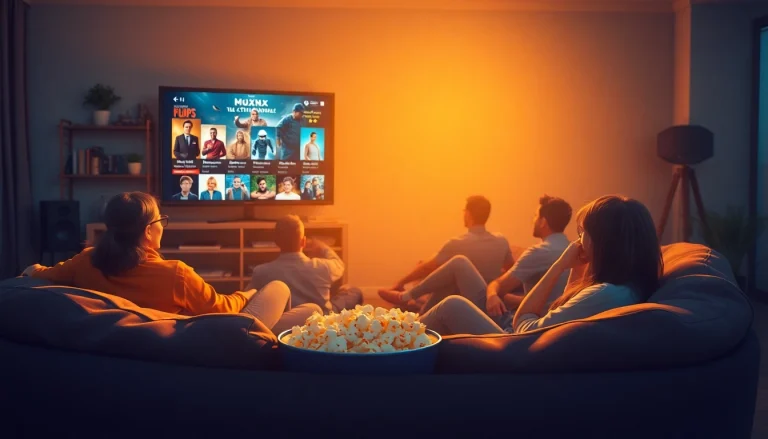 Enjoy filme online in a cozy home setting with friends watching a movie on a large screen.