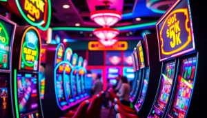 Permainan slot depo 5k menampilkan mesin slot berwarna cerah dan suasana kasino yang mengasyikkan.